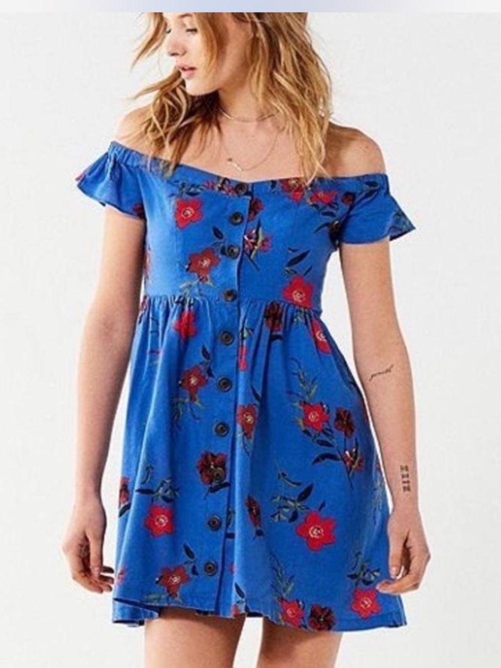 Urban Outfitters Blue Off the Shoulder Floral Button Mini Dress